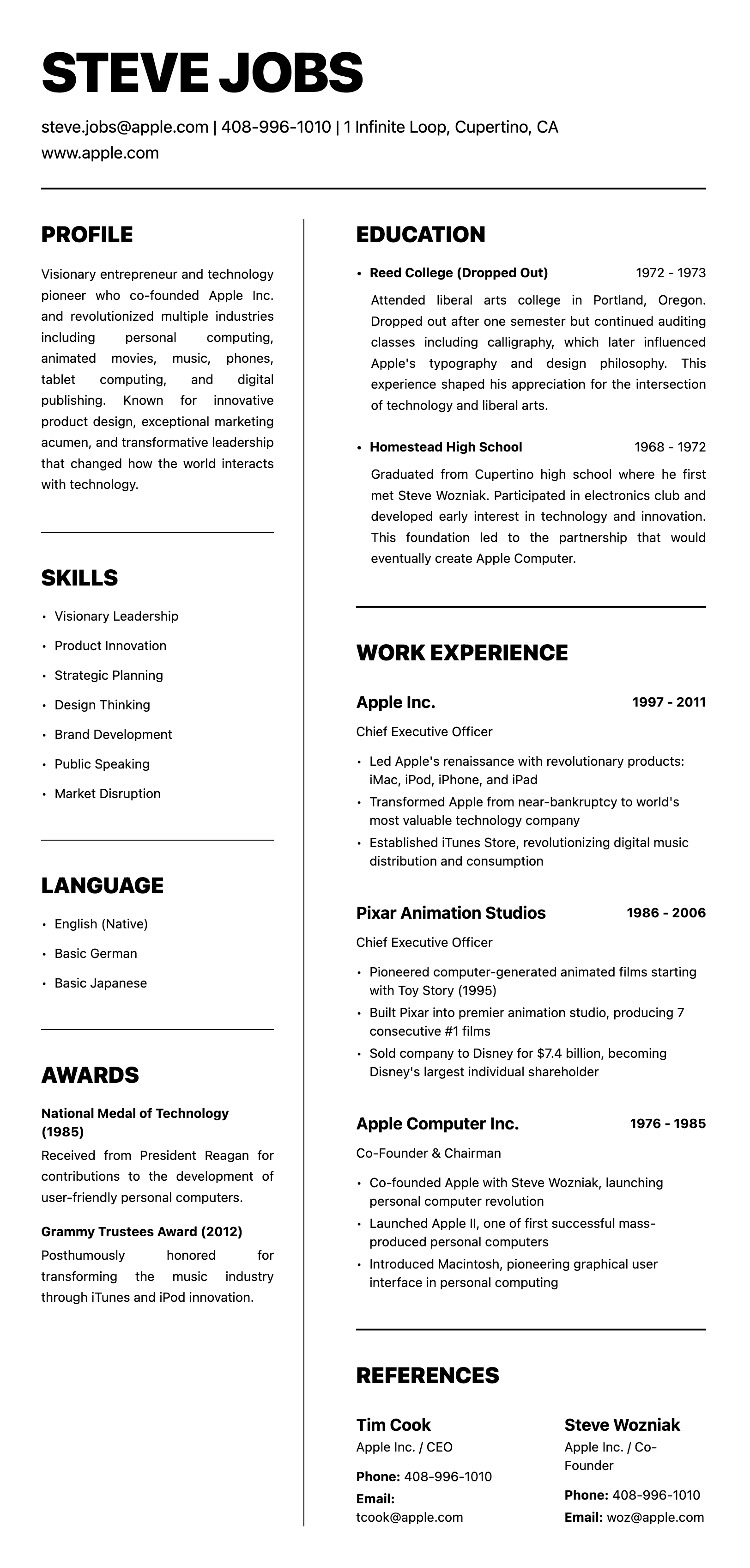 Preview of the Executive Minimalist Two-Column resume template: crisp white layout with clear sections