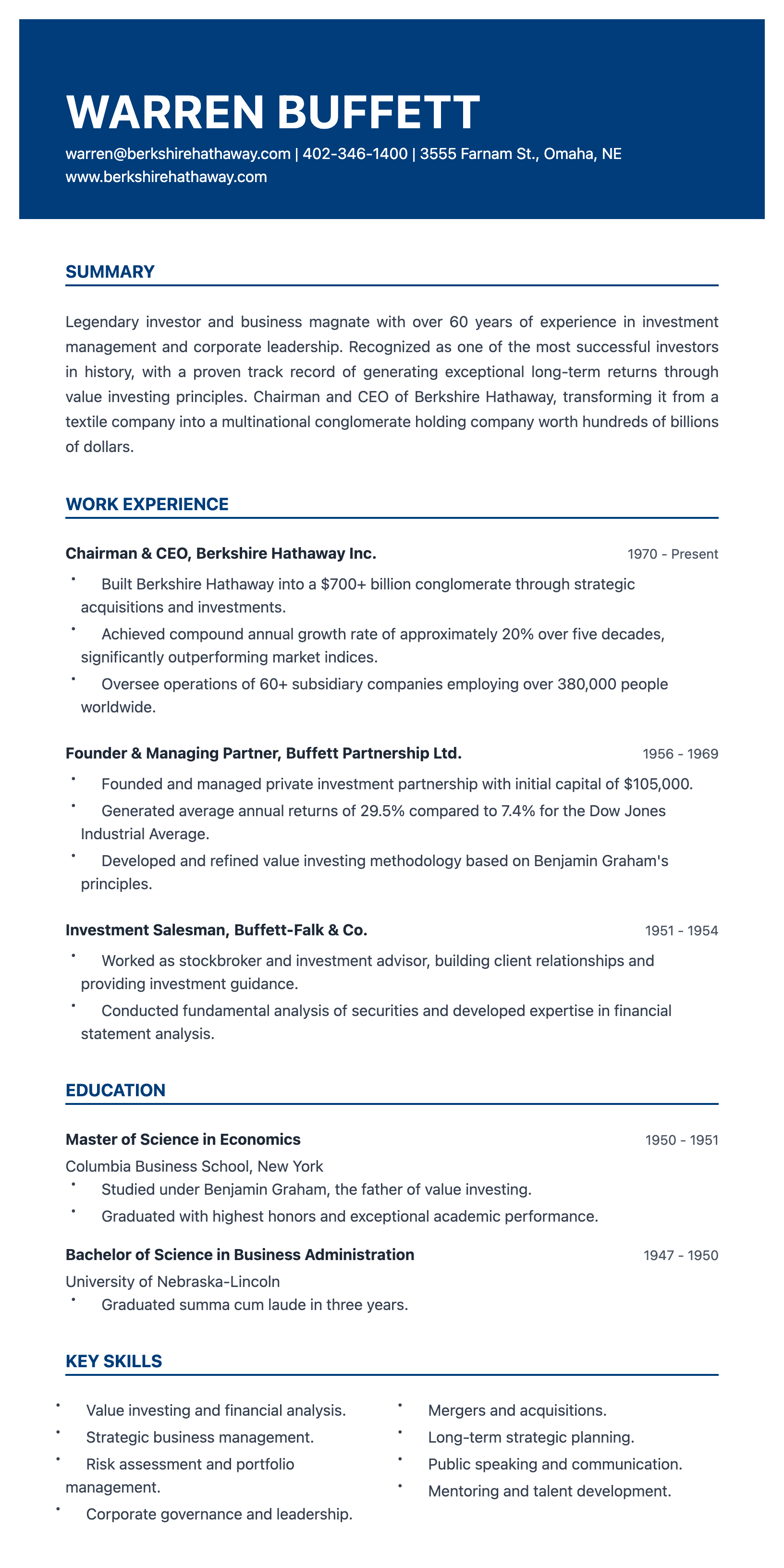 Preview of the Executive Blue Traditional resume template: single-column layout with deep blue header